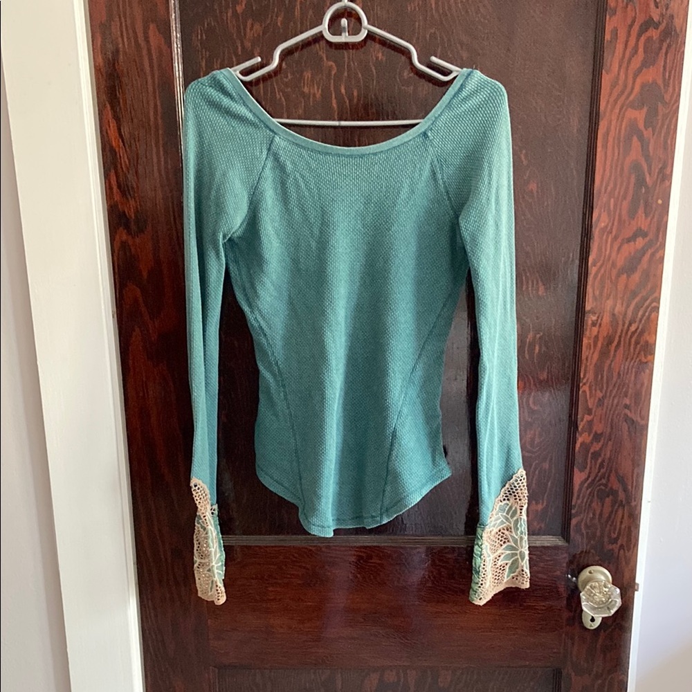 Free People Teal Long Sleeve Top with Lace Cuffs and Scooped Back